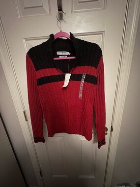 Tommy Hilfiger Black and Red Cable Knit Zip-Front Sweater